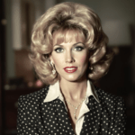 une femme aux cheveux blonds et à la chemise à pois