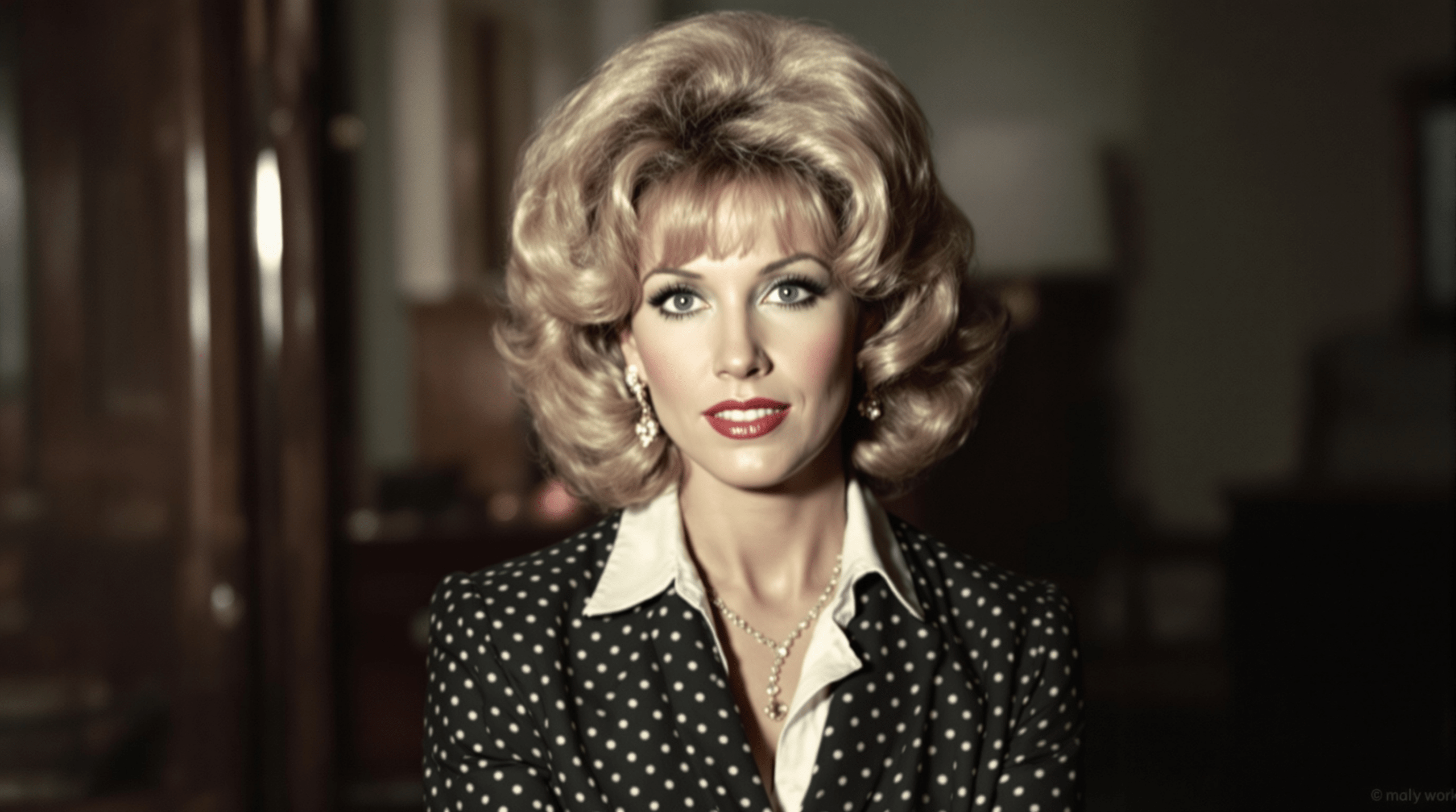 une femme aux cheveux blonds et à la chemise à pois