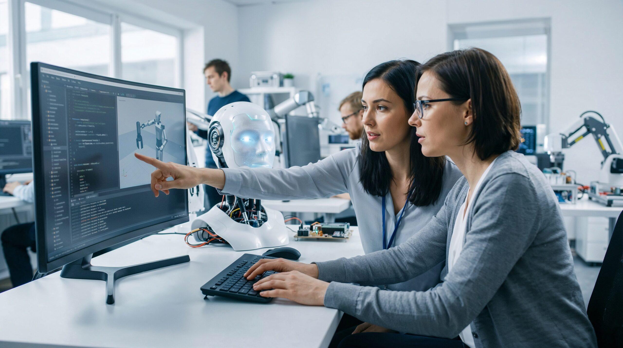 deux femmes assises à un bureau devant un ordinateur